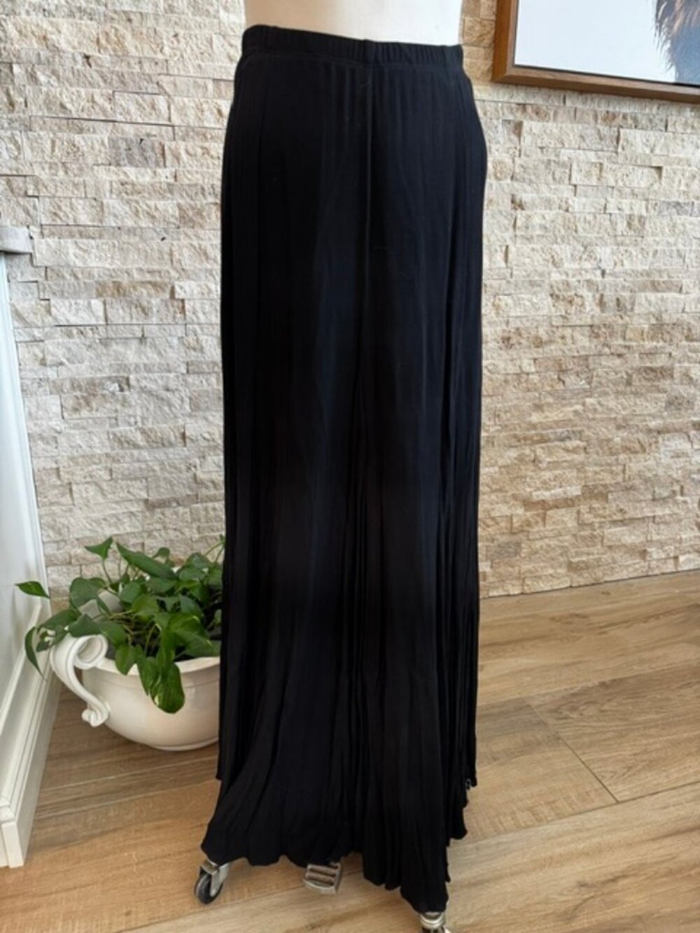 Karen Kane Womens Black Crinkle Maxi Skirt Pleated Flare A-Line Large